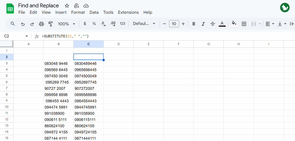 Find and Replace Empty Space of Phone numbers in Google Sheet