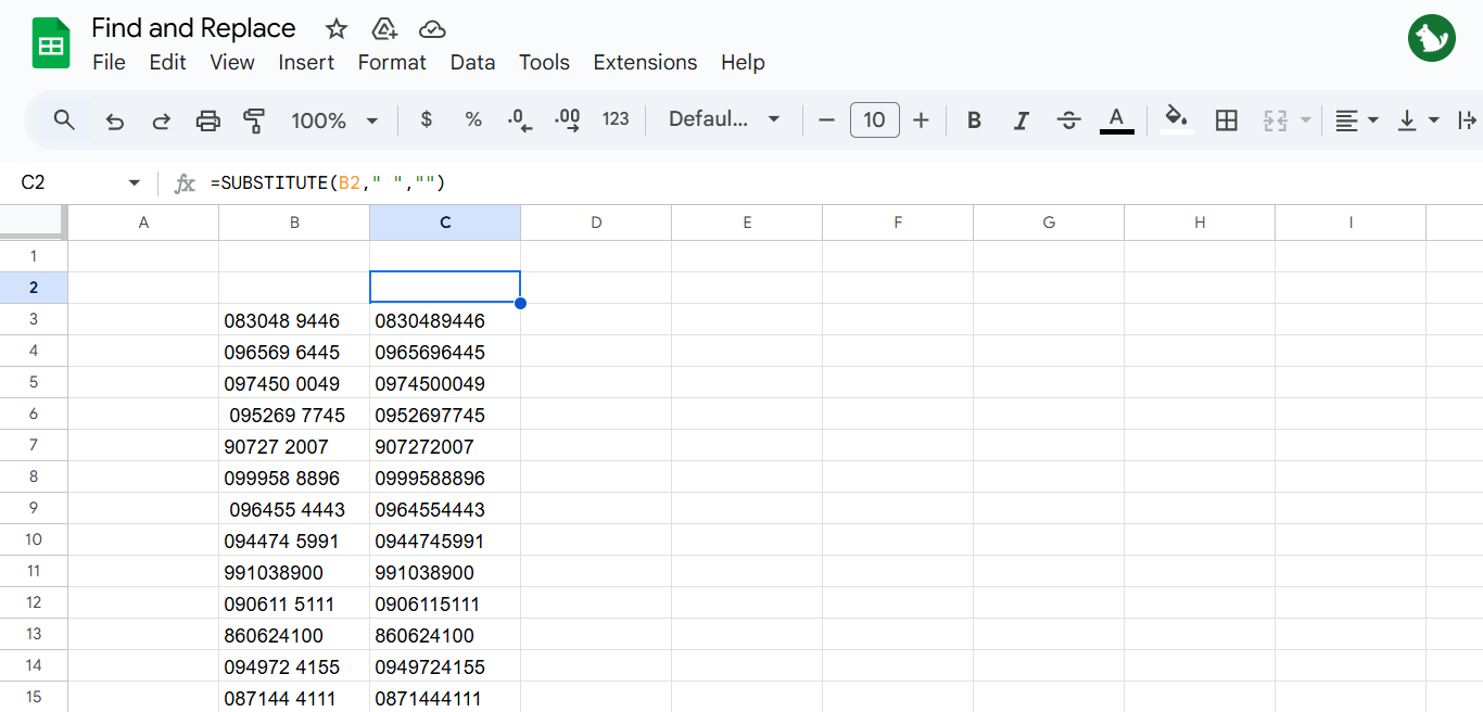 Find and Replace Empty Space of Phone numbers in Google Sheet
